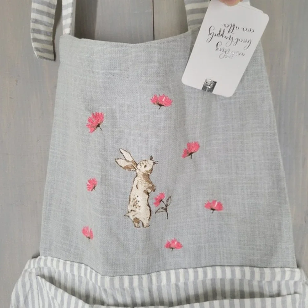 Bunny Tales Apron OS Gray White Striped Embroidered Rabbit Floral Cotton